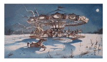 a painting of a merry go round in a snowy field