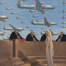 a painting of a nurse standing in front of a crowd of planes with one that says ' united states '