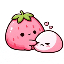 a strawberry is hugging a marshmallow with hearts coming out of it .