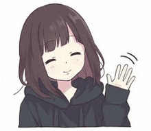 a cartoon girl in a black hoodie is smiling and waving her hand .