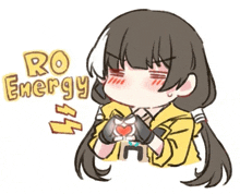 a girl in a yellow jacket is making a heart shape with her hands and the words ro energy behind her