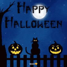 a halloween greeting card with a black cat pumpkins and a witch on a broom