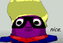 a purple cartoon character is wearing a yellow hat and sunglasses and says nice on the bottom