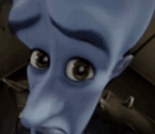 a close up of a cartoon character with blue hair and green eyes