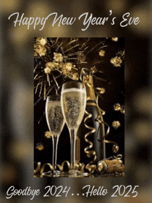 a happy new year 's eve greeting card with two glasses of champagne and a bottle of champagne