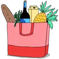 a pink bag filled with groceries including a bottle of wine and a pineapple