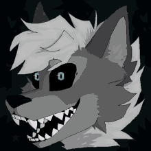 a drawing of a wolf with blue eyes and fangs