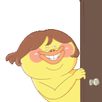 a cartoon character with a big smile on his face is peeking out from behind a door