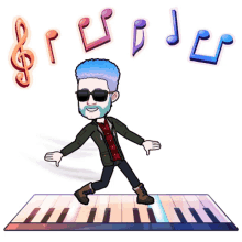 a cartoon of a man walking on a piano keyboard with music notes around him