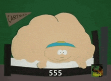 a cartoon character from south park is laying in a bed with the number 555 on the bottom