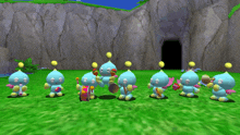 a group of cartoon characters are playing instruments in a field