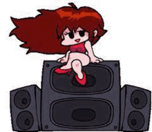 a cartoon girl is sitting on top of a stack of speakers .