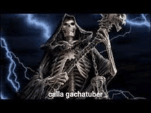 a grim reaper is holding a skeleton in his hands in front of a lightning bolt .