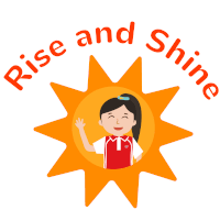 a girl in a red shirt with the words rise and shine surrounding her