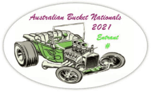 a sticker for the australian bucket nationals with a green hot rod on it