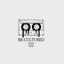 a black and white logo of a cassette tape with the words `` re-cultured '' written below it .