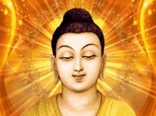 a painting of a buddha with his eyes closed and a yellow background