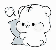 a cartoon of a teddy bear sitting on a pillow with a speech bubble coming out of his mouth .