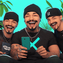 a man wearing a black shirt with an x on it laughs with two other men