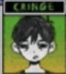 a close up of a cartoon character 's face with a green background and the word cringe on it .