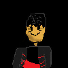 a pixel art of a man wearing a black jacket