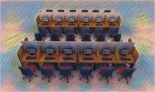 a painting of a row of computer cubicles with the letters c and e on the screens