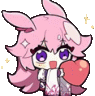 a cartoon girl with pink hair and purple eyes is holding a heart in her hands .