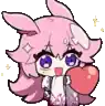 a cartoon girl with pink hair and purple eyes is holding a heart in her hands .