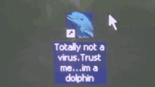 a computer screen with a dolphin and the words totally not a virus trust me im a dolphin