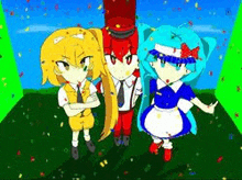 a group of three anime characters are standing next to each other in a room .