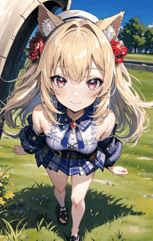 a blonde anime girl with cat ears and red eyes is standing in a field