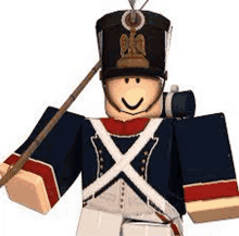 a roblox toy soldier is holding a stick and smiling .