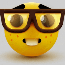 a cartoon smiley face wearing glasses with a surprised look on his face