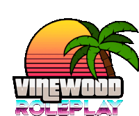 a vinewood roleplay logo with a palm tree and sunset