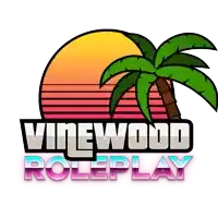 a vinewood roleplay logo with a palm tree and sunset