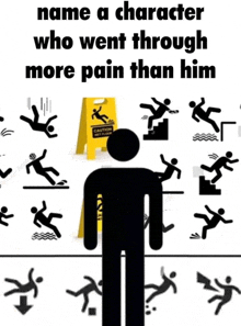 a man is standing in front of a caution sign surrounded by people falling