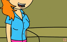 a cartoon of a woman in a blue shirt and pink skirt