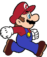 a cartoon drawing of mario running with a red hat and blue overalls