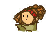 a pixel art drawing of a person with a bun on their head holding a book .