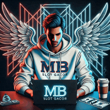 a man wearing a mb slot gacor hoodie is using a laptop