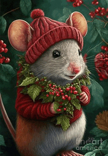 a mouse is wearing a red hat and sweater and holding a wreath of holly .