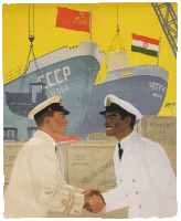 two men shaking hands in front of a ship that says cccp