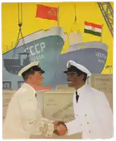 two men shaking hands in front of a ship that says cccp