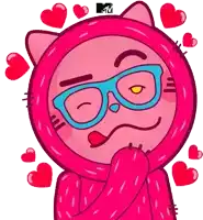 a cartoon of a pink cat with glasses and hearts around him