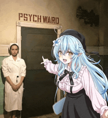 a girl with blue hair stands in front of a psych ward sign