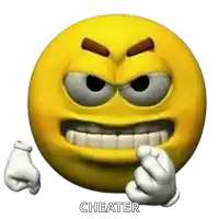 an angry yellow smiley face with the word cheater written below it