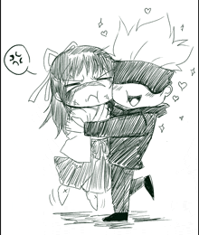 a black and white drawing of a man and woman hugging each other