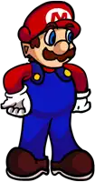 a cartoon drawing of mario wearing overalls and a red hat with a letter m on it