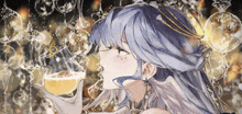 a woman with a crown on her head is holding a glass of liquid