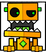 a cartoon drawing of a robot with green eyes